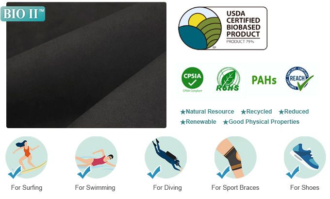 La spugna di gomma ricavata da risorse fossili ridotte - BIO II™ - può essere trasformata in diversi prodotti, come mute per il surf, il nuoto, le immersioni e molto altro.