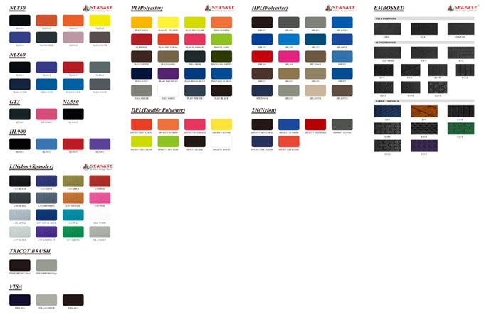 Nam Liong fornisce tessuti da 100 a 200 colori da abbinare ai fogli di neoprene per creare i colori più raffinati per il tuo prodotto.